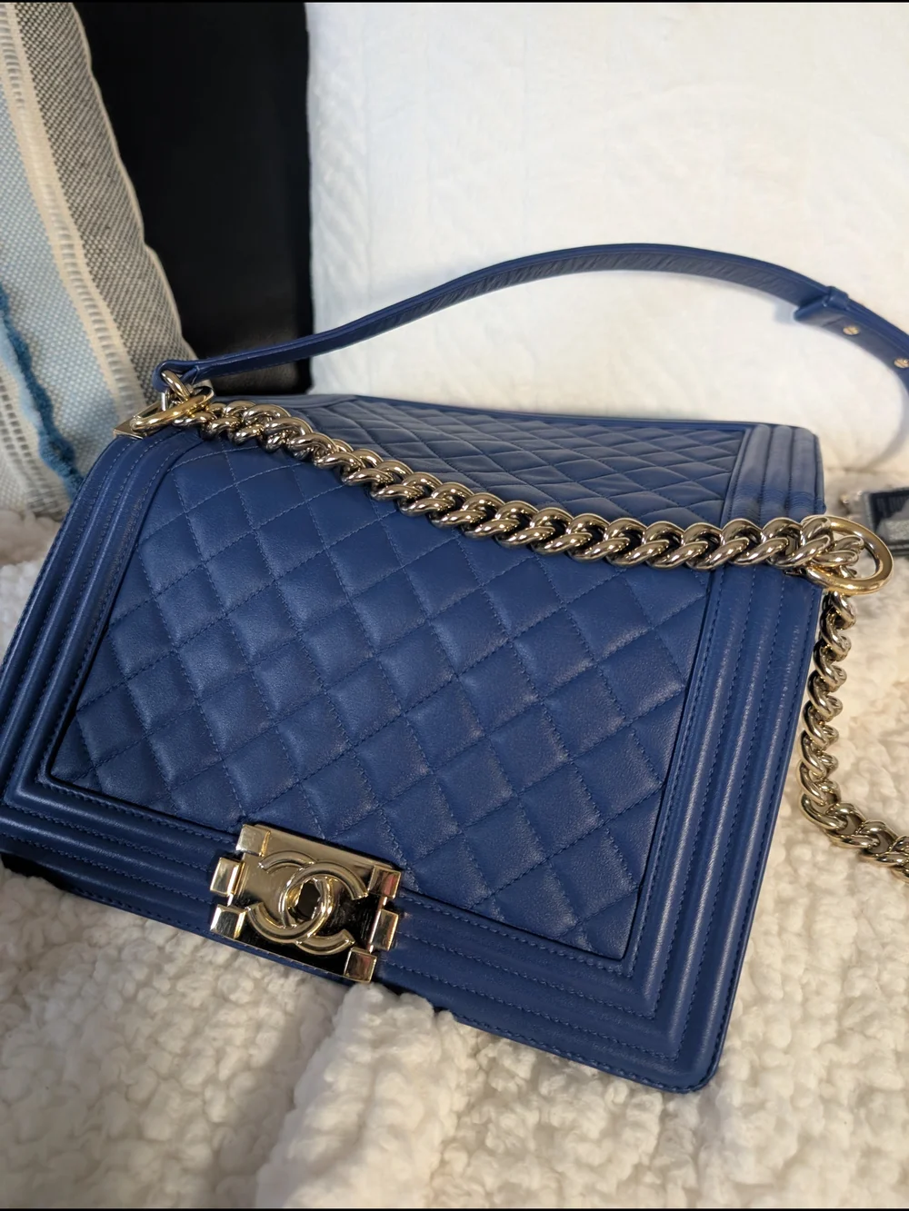 CHANEL Blue Quilted boy Shoulder Bag Gold Hardware Chain Strap CC